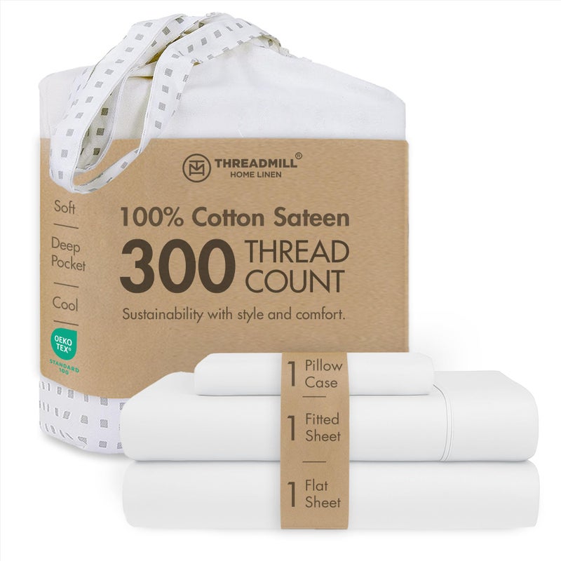 Threadmill Cotton Twin Sheet Set | 100% Cotton Sheets for Twin Size Bed | Damask Jacquard Sateen Twin Bed Sheets Set with 16â€ Deep Pocket | Soft Breathable 3-Piece Cooling Sheet Set | White - Image 1